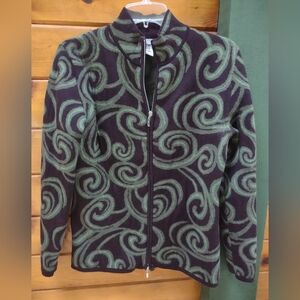 NEVE DESIGNS DOUBLE FACED LADIES' WOOL CARDIGAN SWEATER SZ LG ZIPPER GREEN BROWN